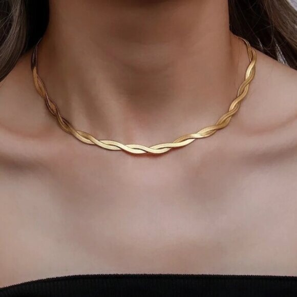 Gold Herringbone Twist Necklace Waterproof Necklace Gorgeous Layering Necklace - Picture 12 of 15